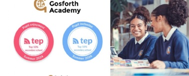 Gosforth Academy logo and the two TEP award logos alongside a image of two students enjoying an art class.